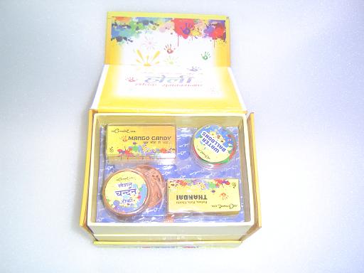 Holi gift packet with mango candies